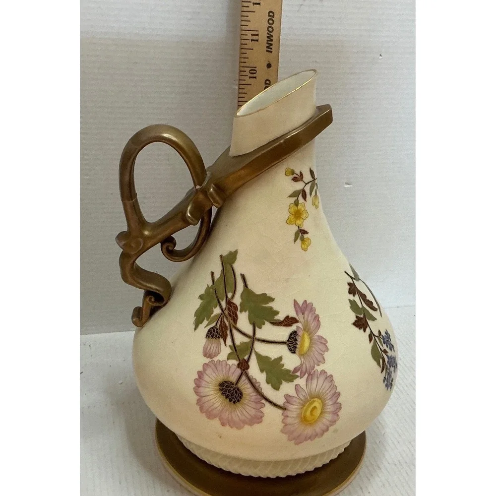 Carlsbad Vintage Porcelain Pitcher Floral Gold Handle Art Nouveau Vase 12.5in